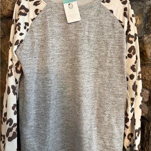 Gray and Leopard Print Long Sleeve Top